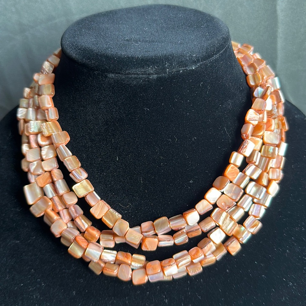 Estate Mother of Pearl chip multi strand beaded necklace and stretchy bracelet